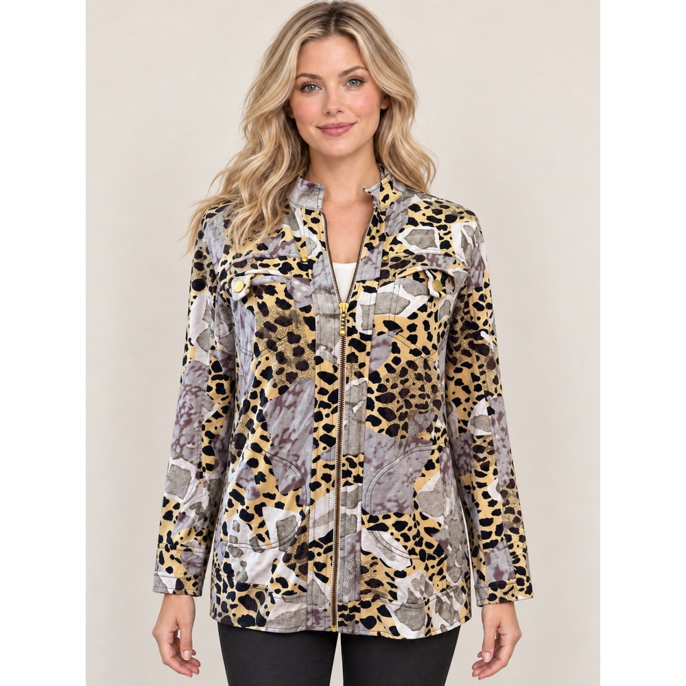 Berek 2 Animal Print Zip Jacket Grey Cream Yellow Lightweight Soft Cotton S